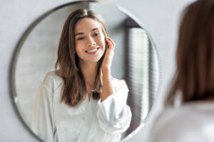 Portrait Of Attractive Happy Woman Looking At Mirror In Bathroom, Beautiful Millennial Lady Wearing White Silk Robe Smiling To Reflection, Enjoying Her Appearance, Selective Focus