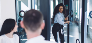 girl entering room with confidence