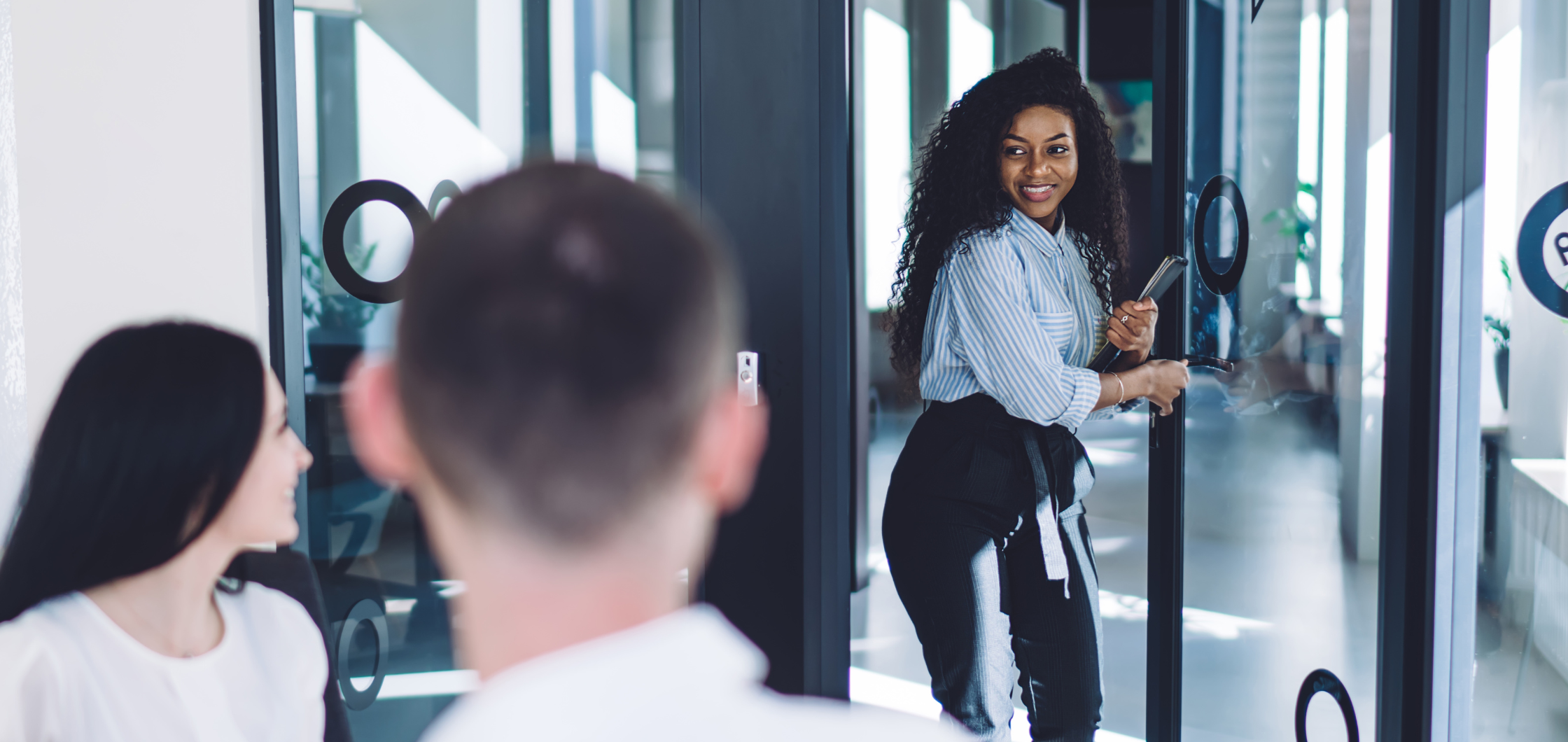 girl entering room with confidence